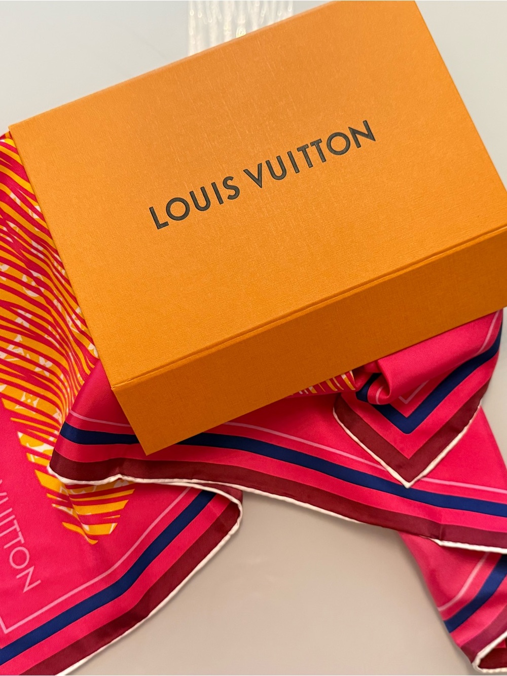 Louis Vuitton Hot Pink Silk Scarf with Navy & Yellow Accents